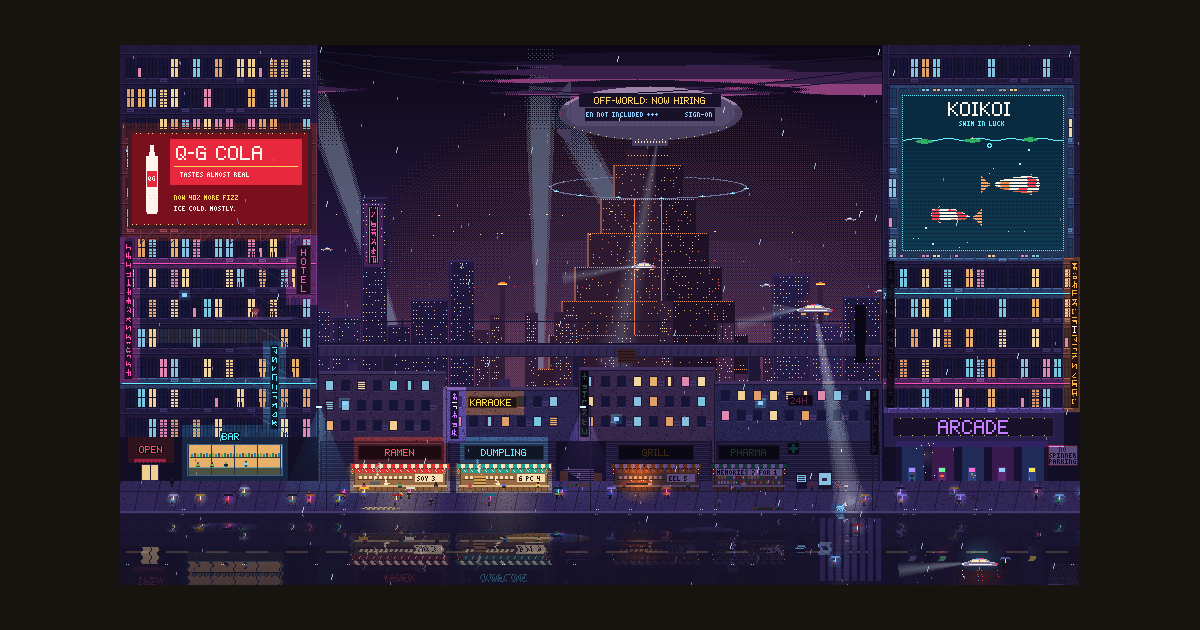 Neon Rain 2049: a rain-soaked pixel-art megacity with neon signs and flying cars